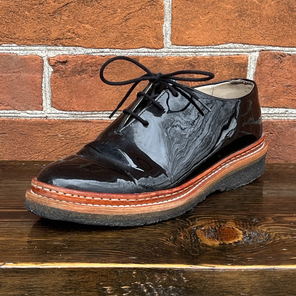WANT Les Essentiels Black Patent Leather Derby with Tan Welt Shoes